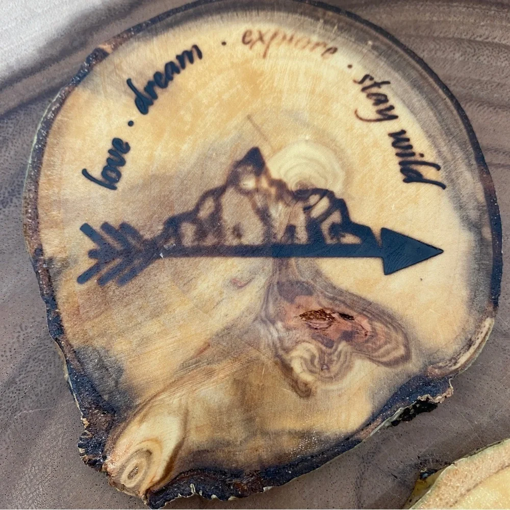 Set of two coasters burned wood love dream explore stay wild mountains irregular